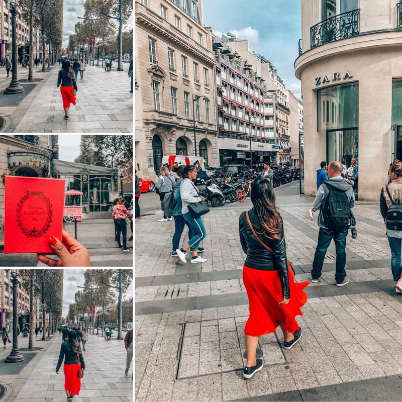 穿着红裙子的香榭丽舍女孩走在香榭丽舍拉杜丽马卡龙的小巷里。完美的4天巴黎行程-体验最好的观光与事情在巴黎4天，吃什么，住在哪里和其他旅行提示