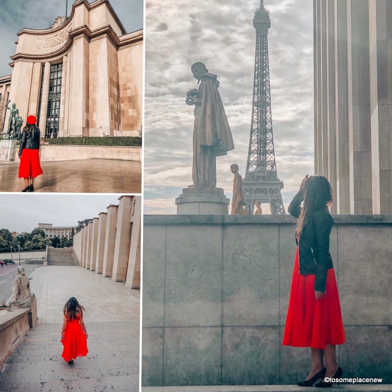 特罗卡德罗花园、埃菲尔铁塔和埃菲尔铁塔上女孩的照片。完美的巴黎4天行程