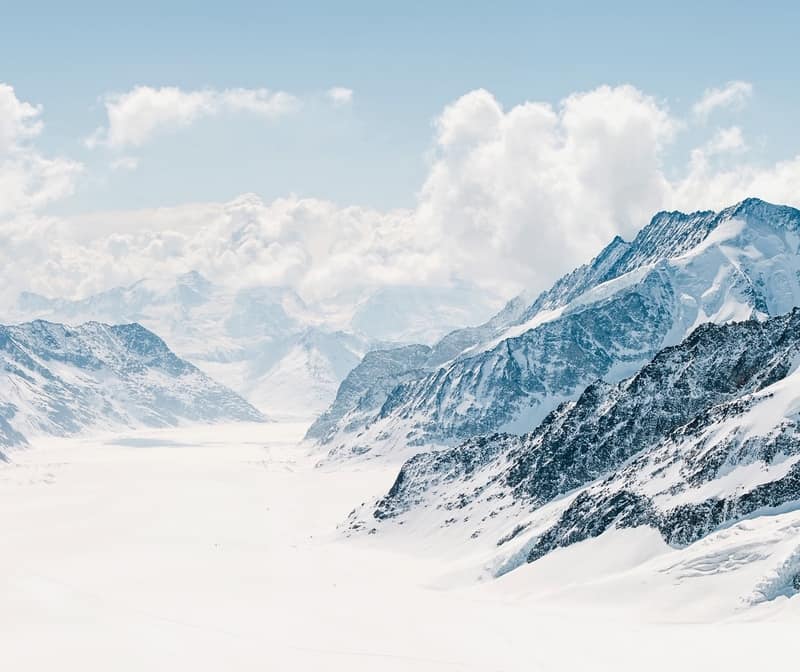 大阿莱奇冰川少女峰地区全景，瑞士阿尔卑斯山脉的一部分，瑞士阿尔卑斯雪山景观。