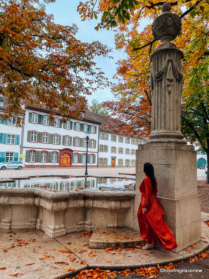 女孩穿着铜红色的裙子为秋天拍照